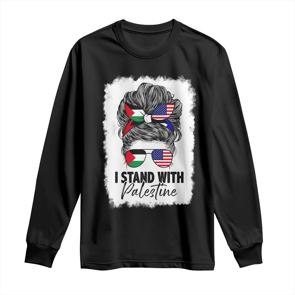 Stand With Palestine Long Sleeve Shirt Messy Bun Gaza Palestinian Flag - Wonder Print Shop