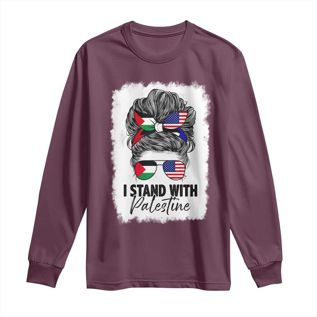 Stand With Palestine Long Sleeve Shirt Messy Bun Gaza Palestinian Flag - Wonder Print Shop
