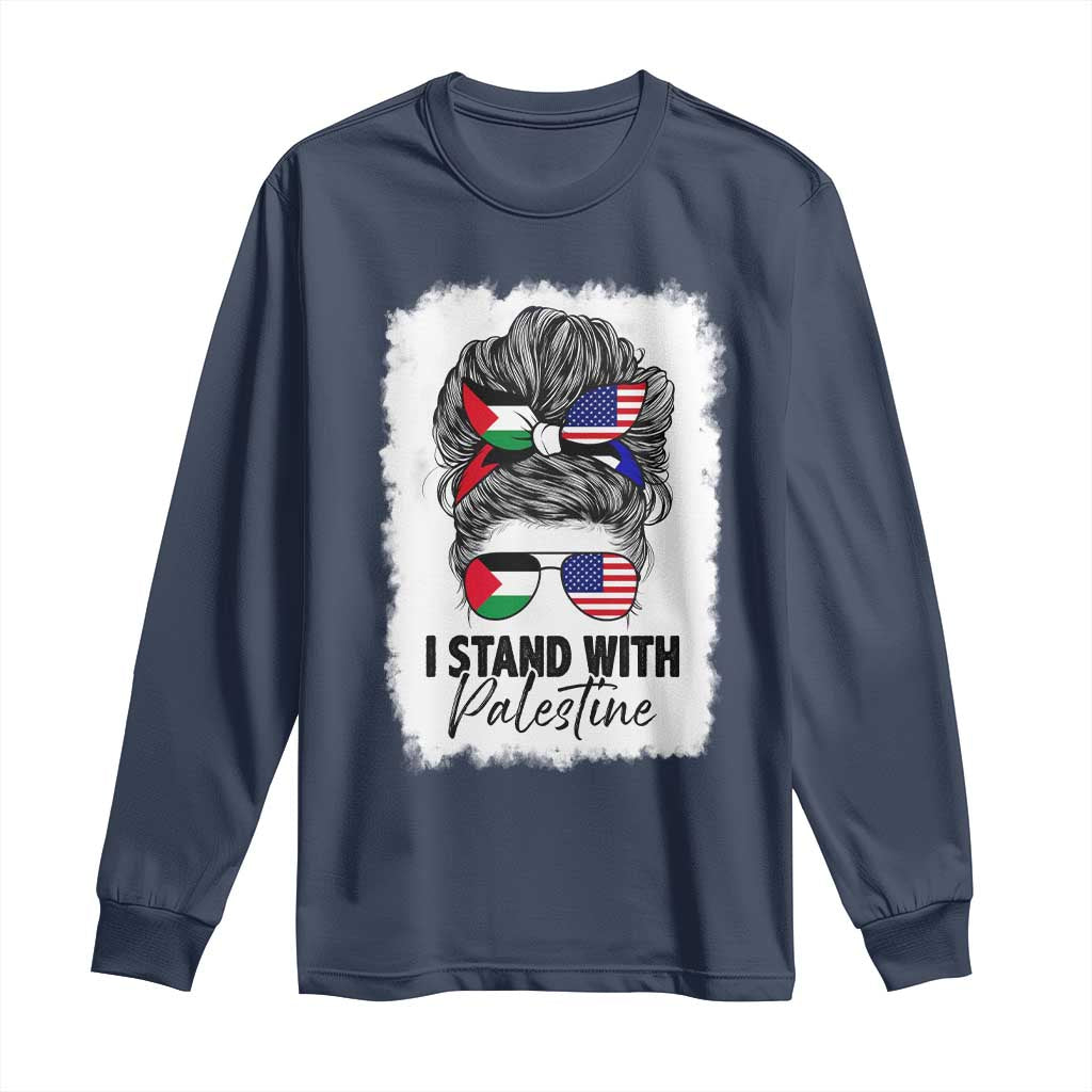 Stand With Palestine Long Sleeve Shirt Messy Bun Gaza Palestinian Flag - Wonder Print Shop