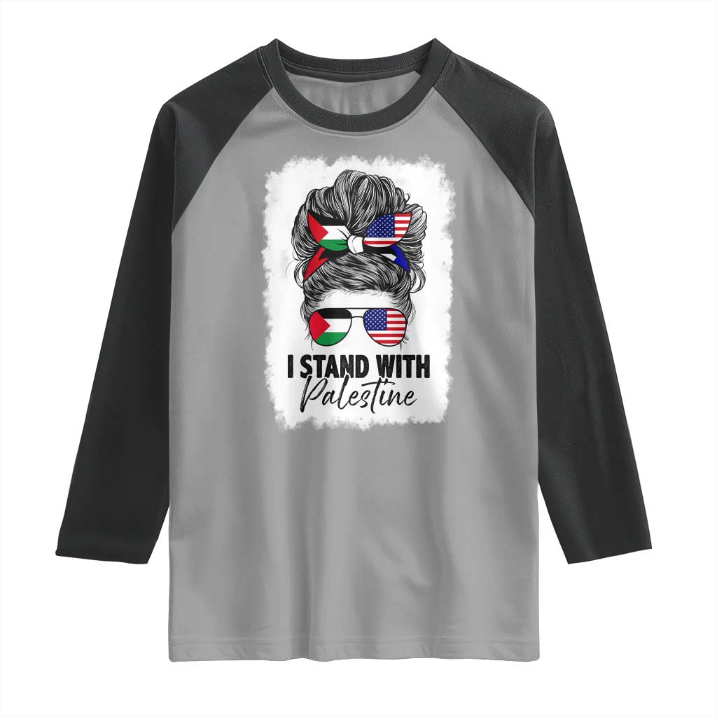 Stand With Palestine Raglan Shirt Messy Bun Gaza Palestinian Flag - Wonder Print Shop