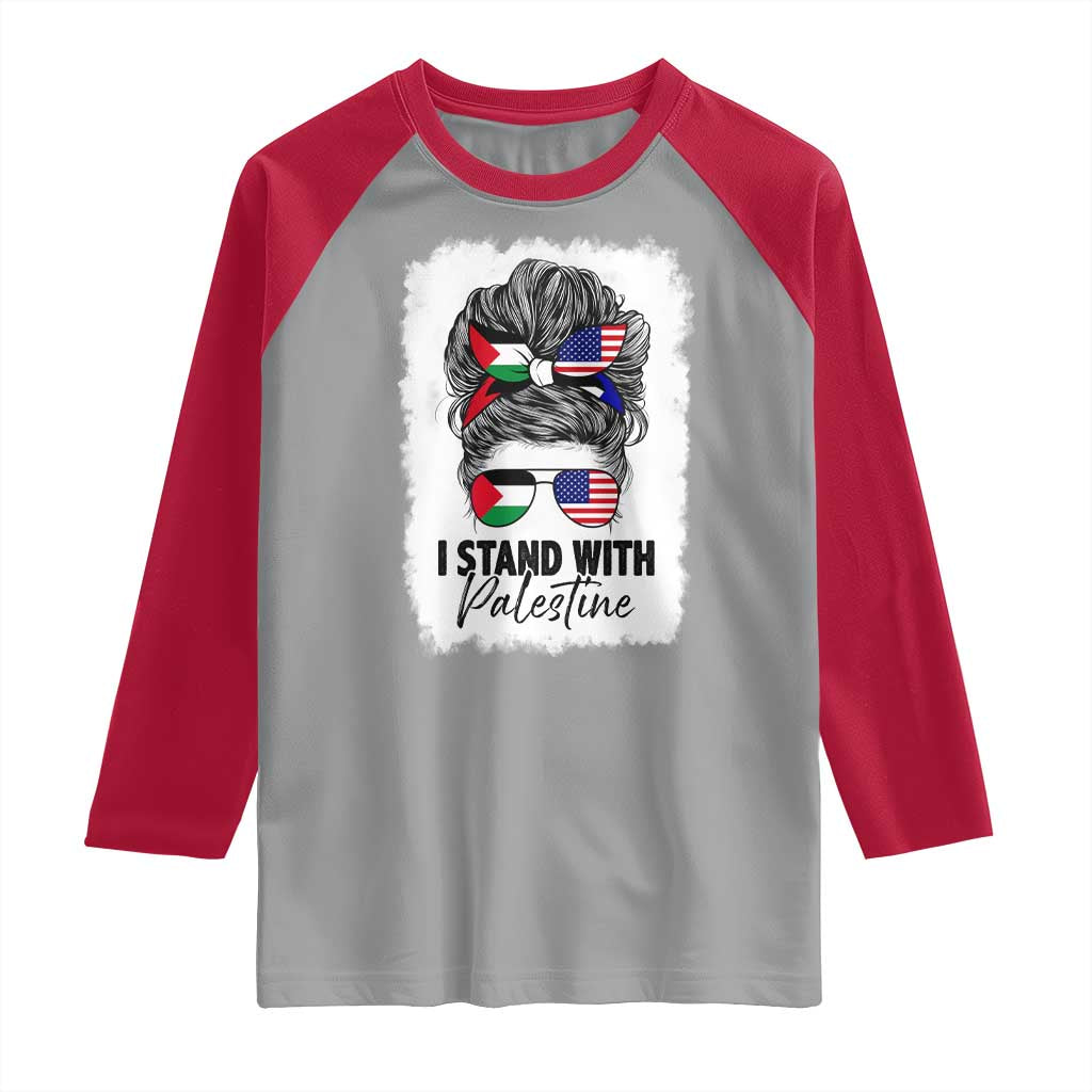 Stand With Palestine Raglan Shirt Messy Bun Gaza Palestinian Flag - Wonder Print Shop