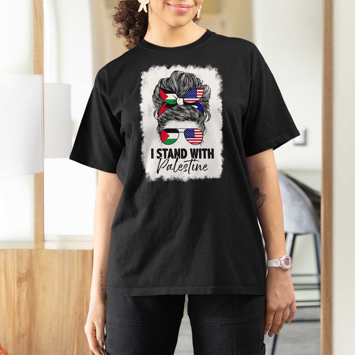 Stand With Palestine T Shirt For Women Messy Bun Gaza Palestinian Flag - Wonder Print Shop