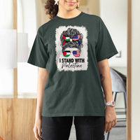 Stand With Palestine T Shirt For Women Messy Bun Gaza Palestinian Flag - Wonder Print Shop