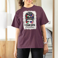 Stand With Palestine T Shirt For Women Messy Bun Gaza Palestinian Flag - Wonder Print Shop