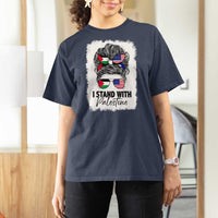 Stand With Palestine T Shirt For Women Messy Bun Gaza Palestinian Flag - Wonder Print Shop