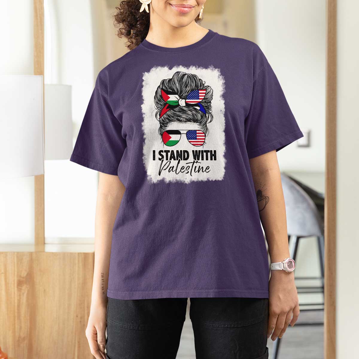 Stand With Palestine T Shirt For Women Messy Bun Gaza Palestinian Flag - Wonder Print Shop