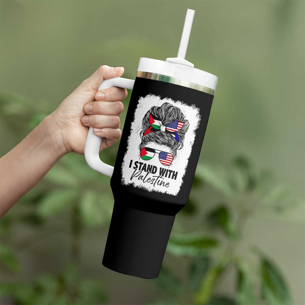 Stand With Palestine Tumbler With Handle Messy Bun Gaza Palestinian Flag - Wonder Print Shop