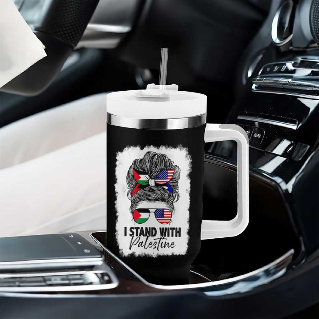 Stand With Palestine Tumbler With Handle Messy Bun Gaza Palestinian Flag - Wonder Print Shop