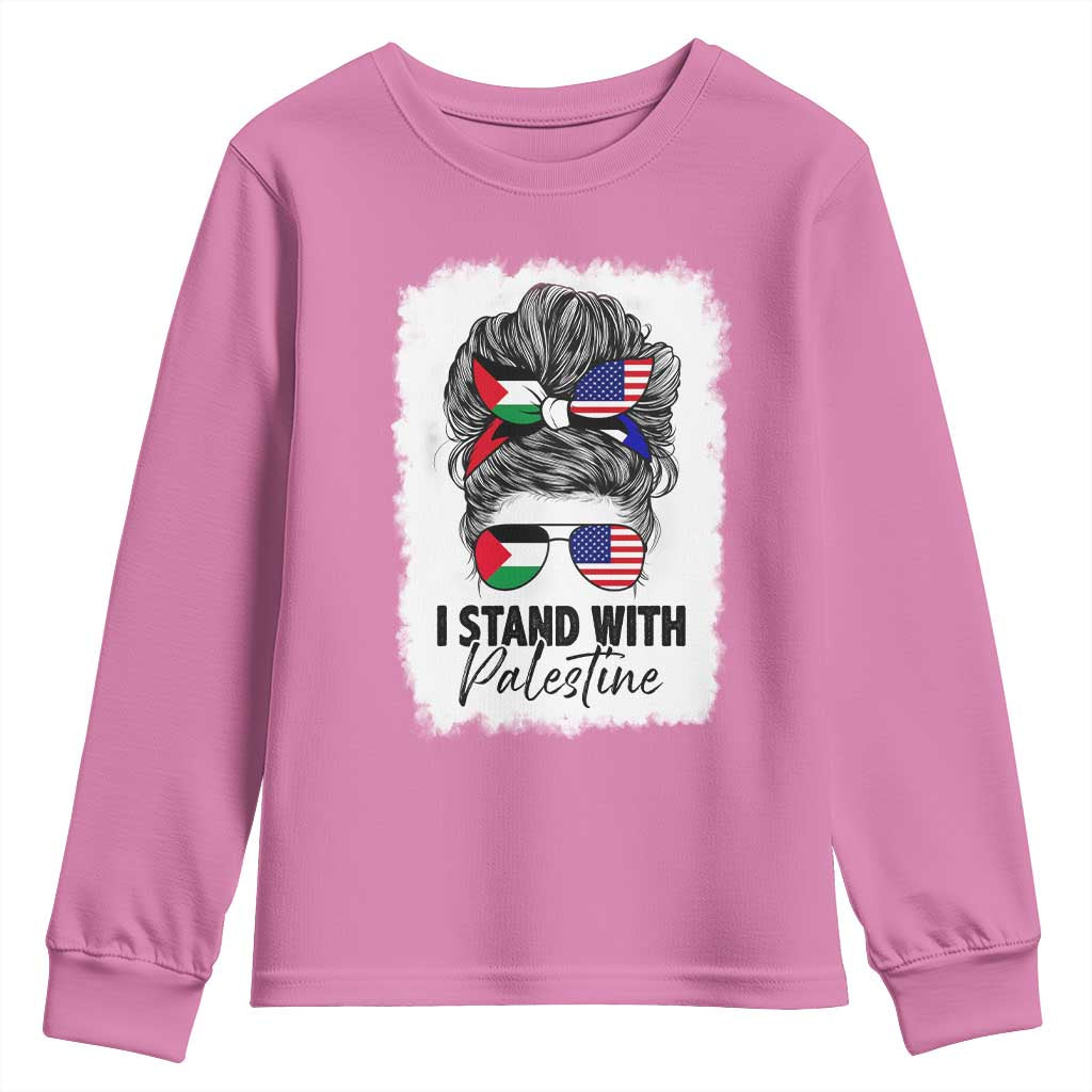Stand With Palestine Youth Sweatshirt Messy Bun Gaza Palestinian Flag - Wonder Print Shop