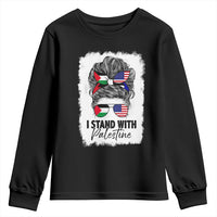 Stand With Palestine Youth Sweatshirt Messy Bun Gaza Palestinian Flag - Wonder Print Shop