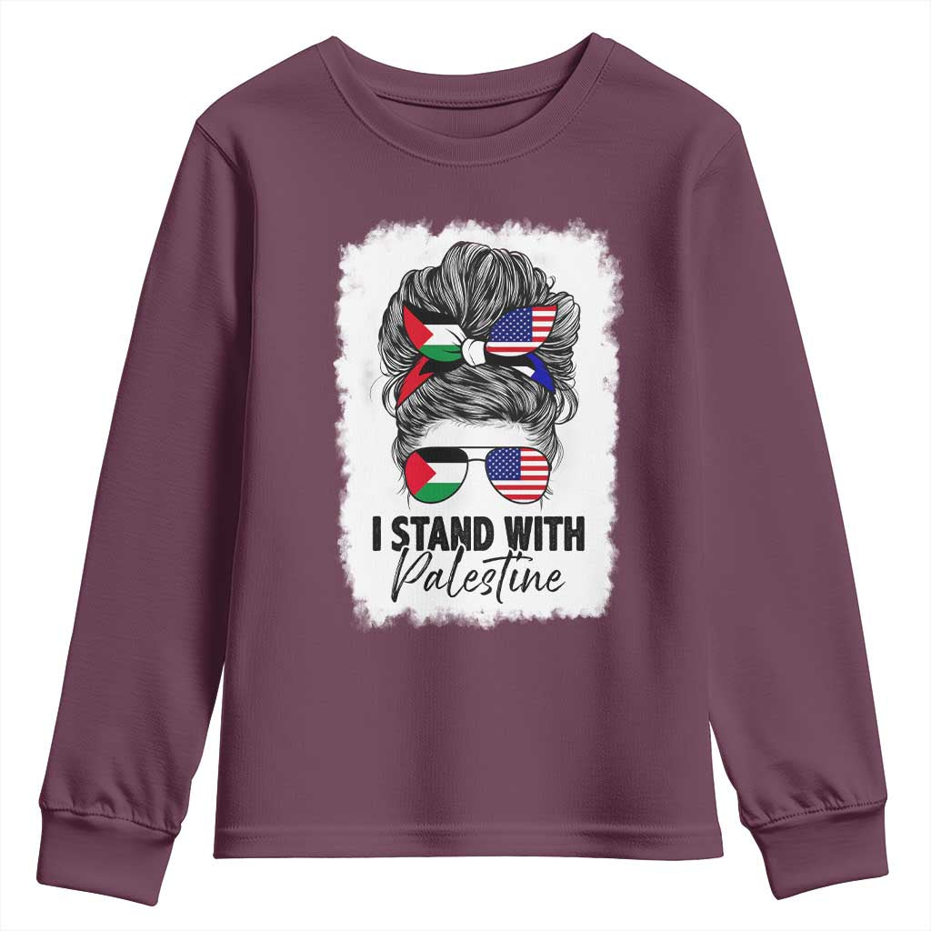 Stand With Palestine Youth Sweatshirt Messy Bun Gaza Palestinian Flag - Wonder Print Shop