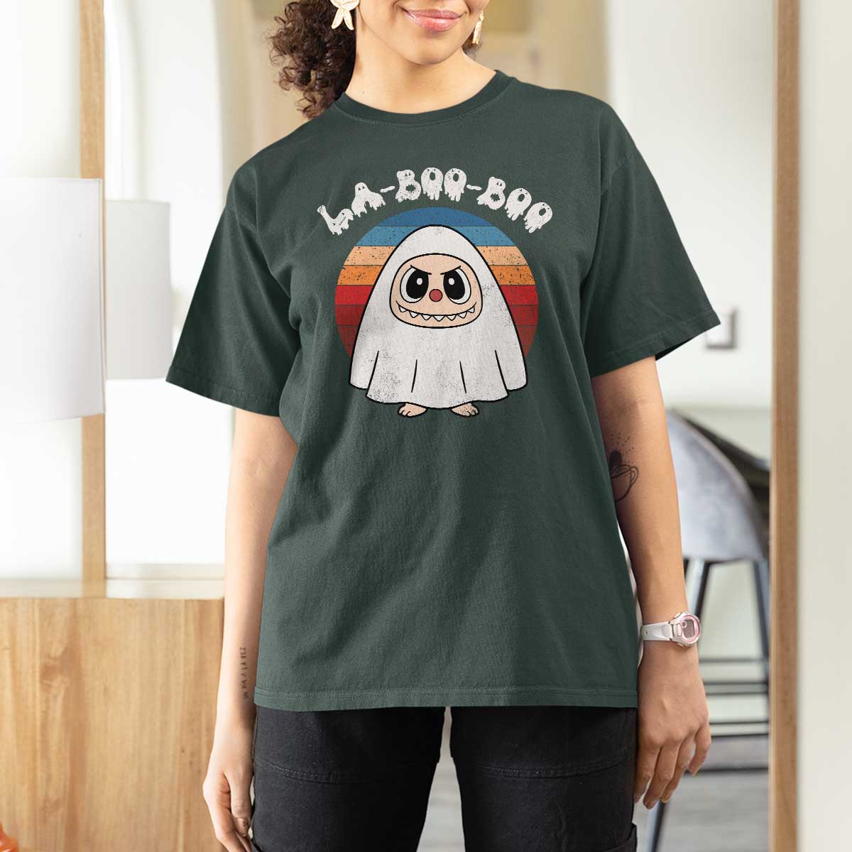 Cute Ghost Halloween Costume T Shirt For Women Retro Spooky Trending Cartoon La Boo Boo - Wonder Print Shop