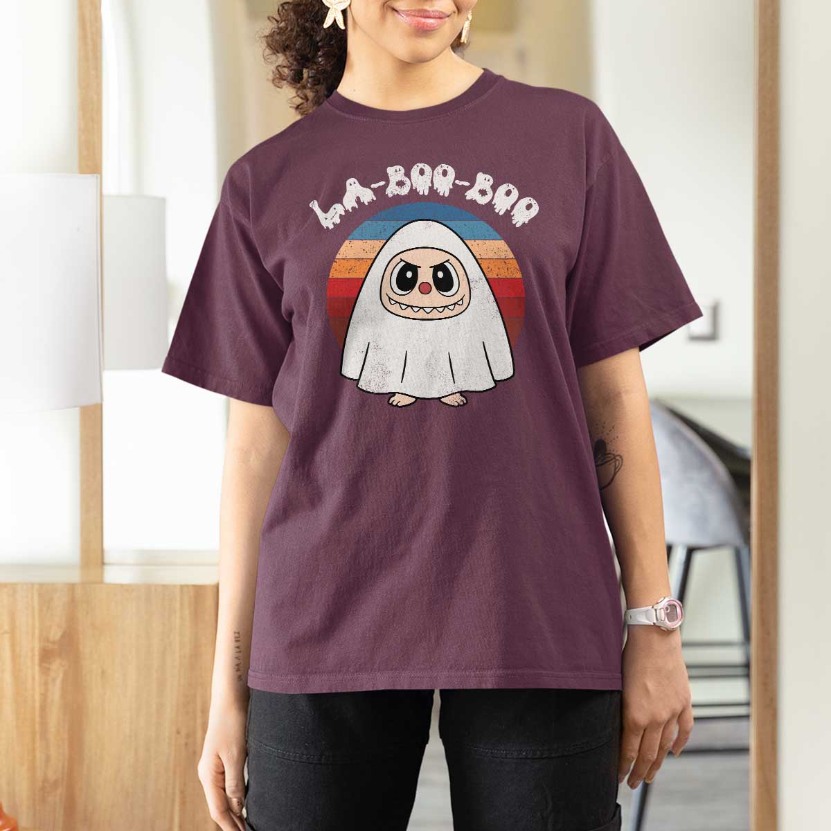 Cute Ghost Halloween Costume T Shirt For Women Retro Spooky Trending Cartoon La Boo Boo - Wonder Print Shop