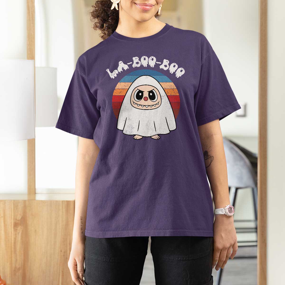 Cute Ghost Halloween Costume T Shirt For Women Retro Spooky Trending Cartoon La Boo Boo - Wonder Print Shop