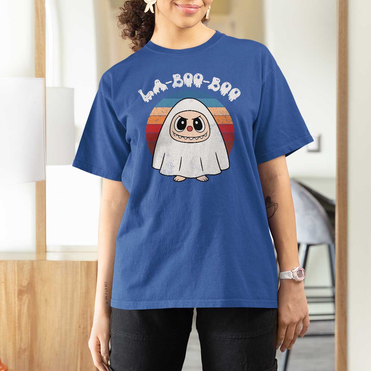 Cute Ghost Halloween Costume T Shirt For Women Retro Spooky Trending Cartoon La Boo Boo - Wonder Print Shop