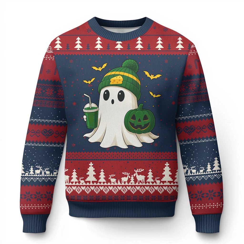Halloween Packers Ghost Ugly Christmas Sweater Pumpkin Ghost Costume Cheesehead - Wonder Print Shop
