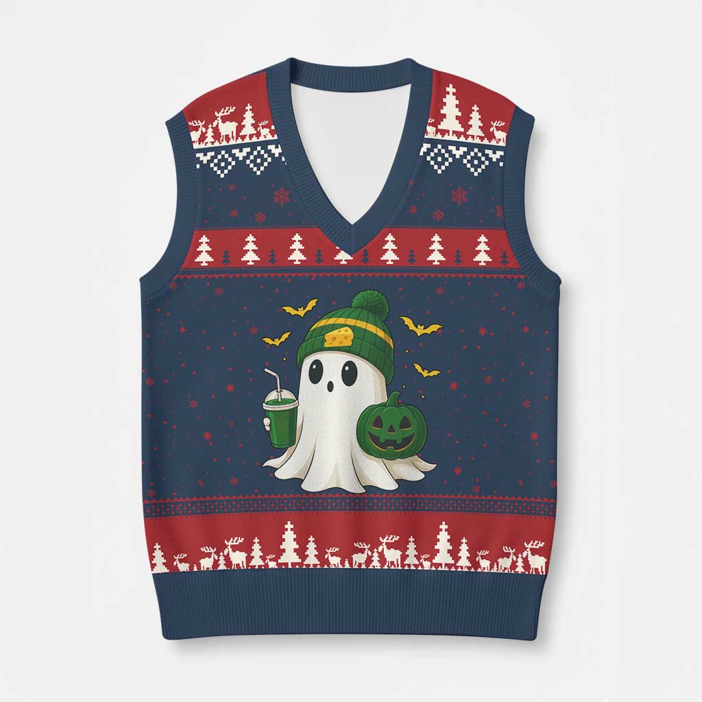 Halloween Packers Ghost V-Neck Knit Sweater Vest Pumpkin Ghost Costume Cheesehead - Wonder Print Shop