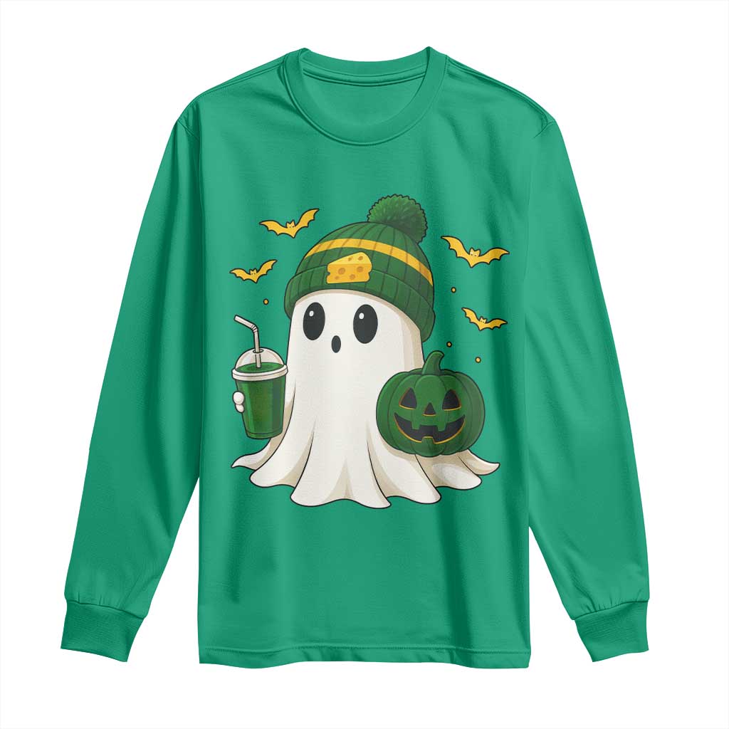 Halloween Packers Ghost Long Sleeve Shirt Pumpkin Ghost Costume Cheesehead - Wonder Print Shop