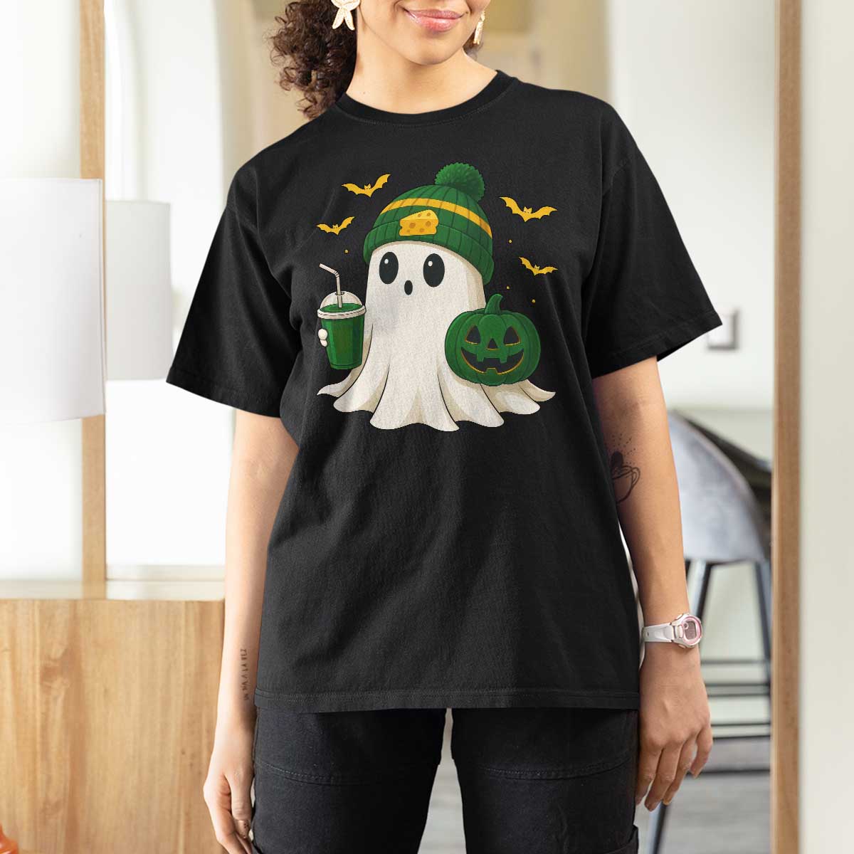 Halloween Packers Ghost T Shirt For Women Pumpkin Ghost Costume Cheesehead - Wonder Print Shop