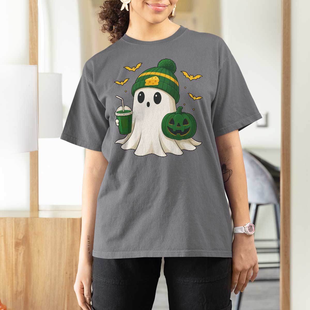 Halloween Packers Ghost T Shirt For Women Pumpkin Ghost Costume Cheesehead - Wonder Print Shop