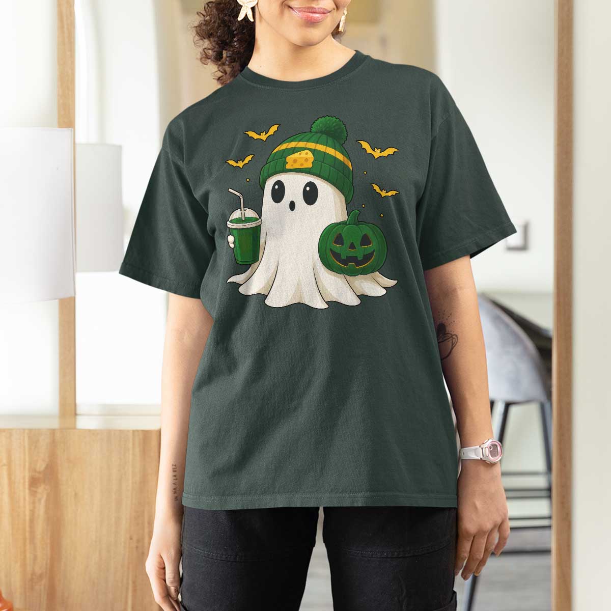 Halloween Packers Ghost T Shirt For Women Pumpkin Ghost Costume Cheesehead - Wonder Print Shop