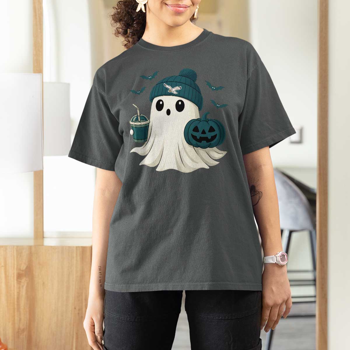 Philadelphia Ghost Halloween T Shirt For Women Retro Halloween Costume Philadelphia Fan - Wonder Print Shop