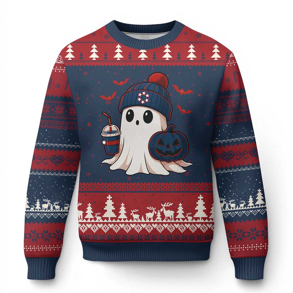 Ghost Halloween Ugly Christmas Sweater Retro Patriots Halloween Costume - Wonder Print Shop