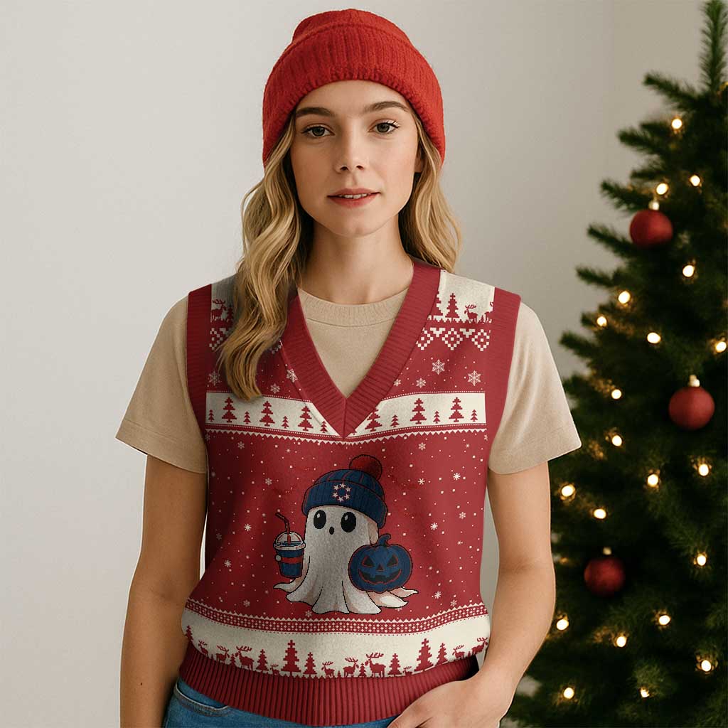 Ghost Halloween V-Neck Knit Sweater Vest Retro Patriots Halloween Costume - Wonder Print Shop