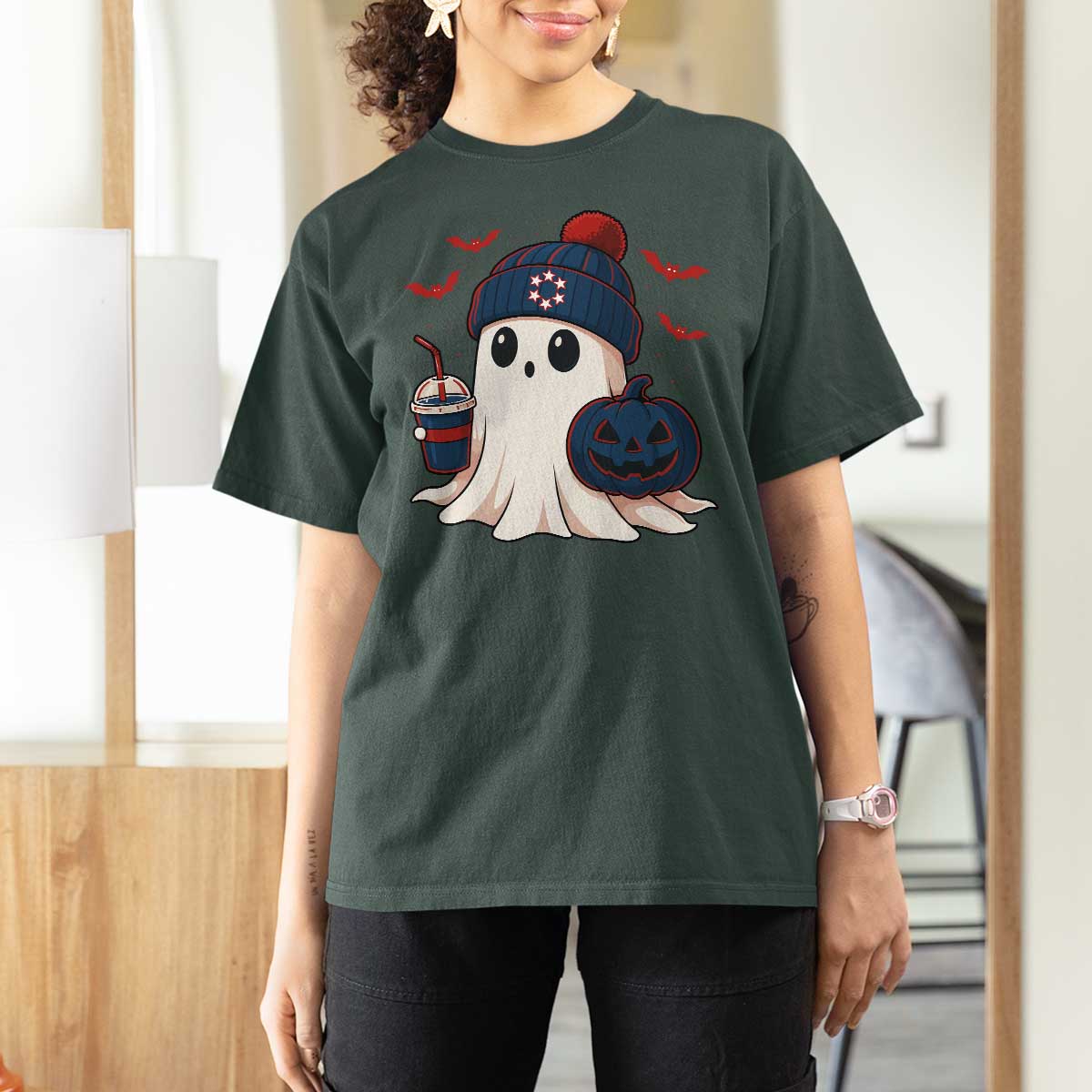 Ghost Halloween T Shirt For Women Retro Patriots Halloween Costume - Wonder Print Shop
