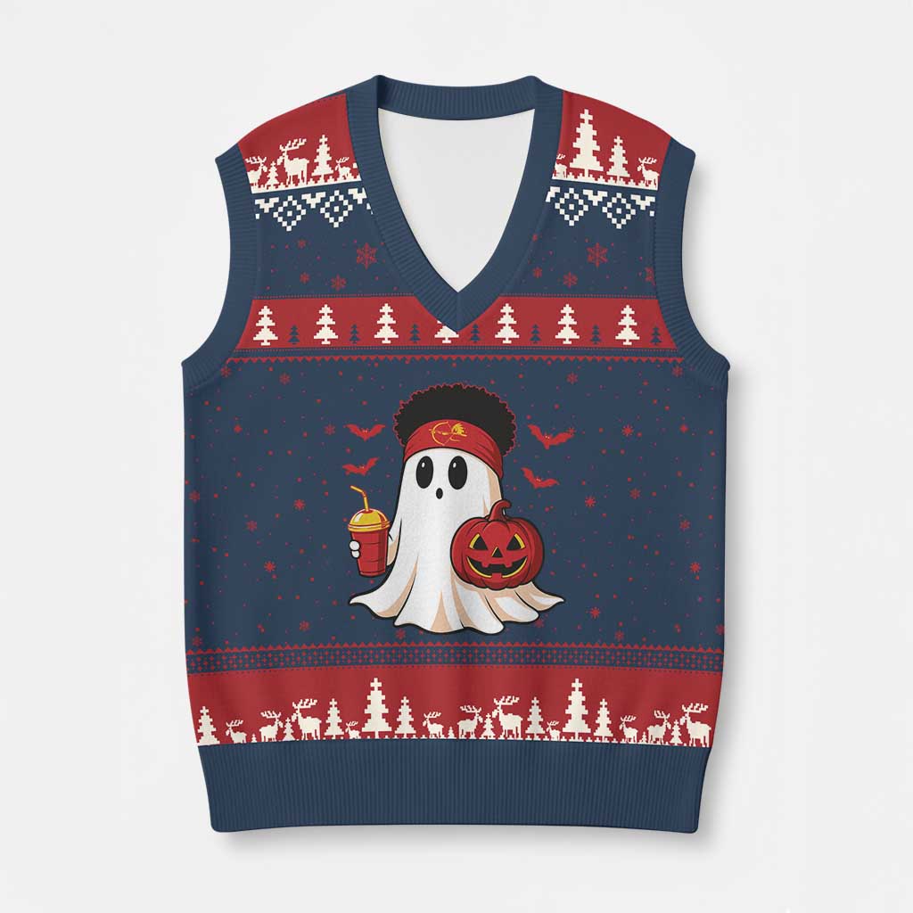Halloween Chiefs Ghost V-Neck Knit Sweater Vest Pumpkin Ghost Costume - Wonder Print Shop