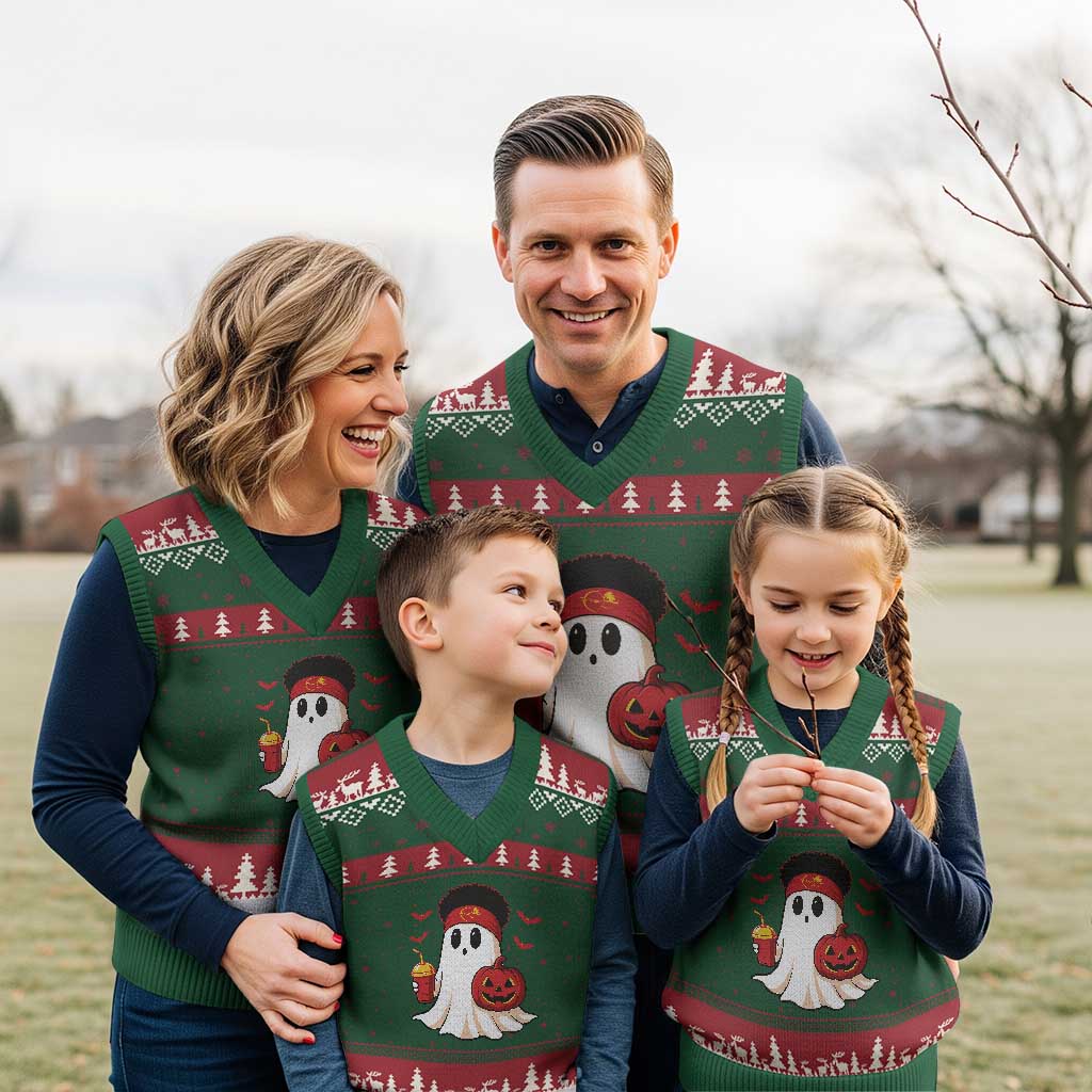 Halloween Chiefs Ghost V-Neck Knit Sweater Vest Pumpkin Ghost Costume - Wonder Print Shop