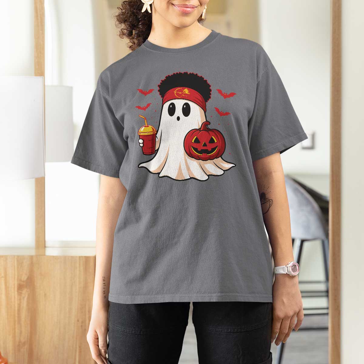 Halloween Chiefs Ghost T Shirt For Women Pumpkin Ghost Costume - Wonder Print Shop