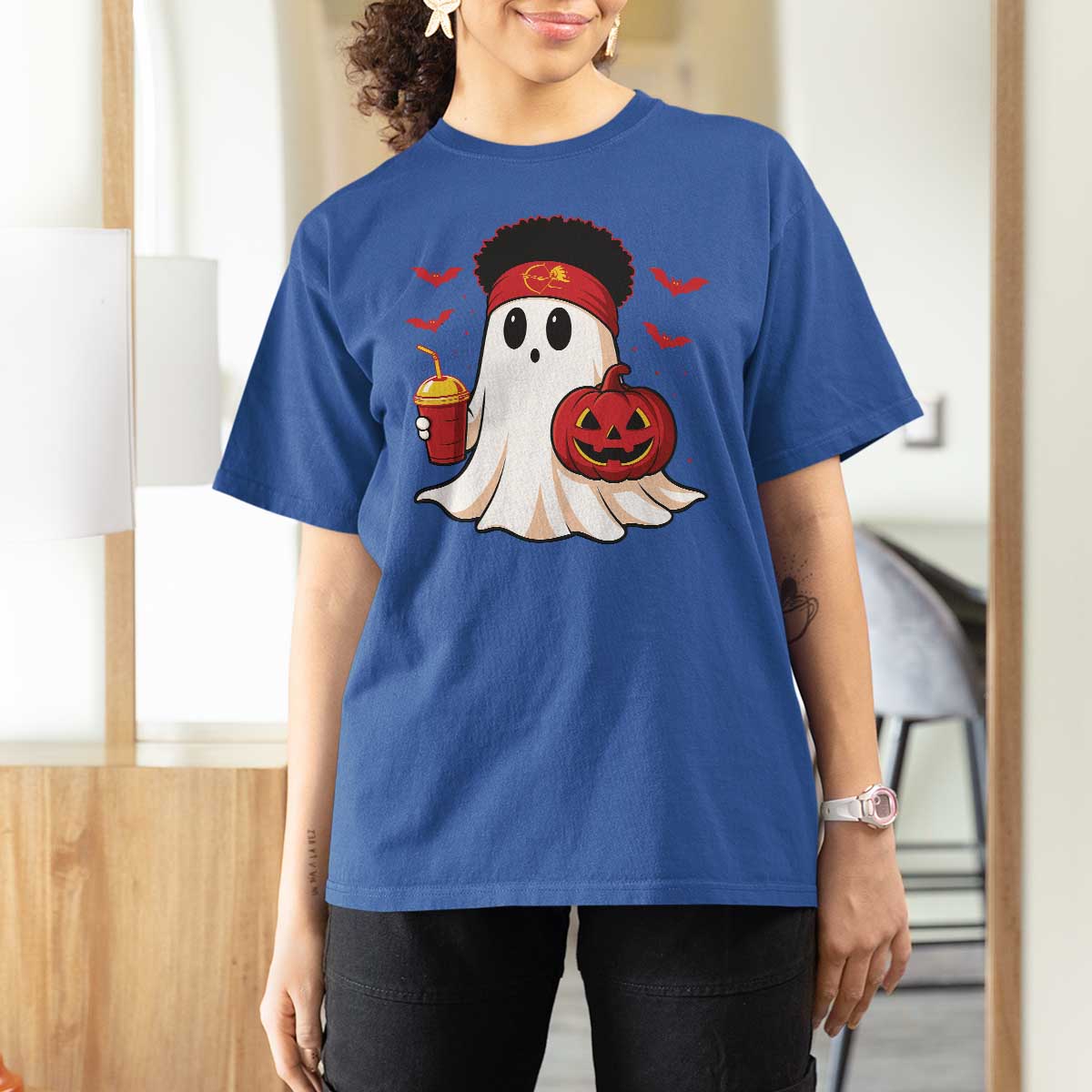 Halloween Chiefs Ghost T Shirt For Women Pumpkin Ghost Costume - Wonder Print Shop