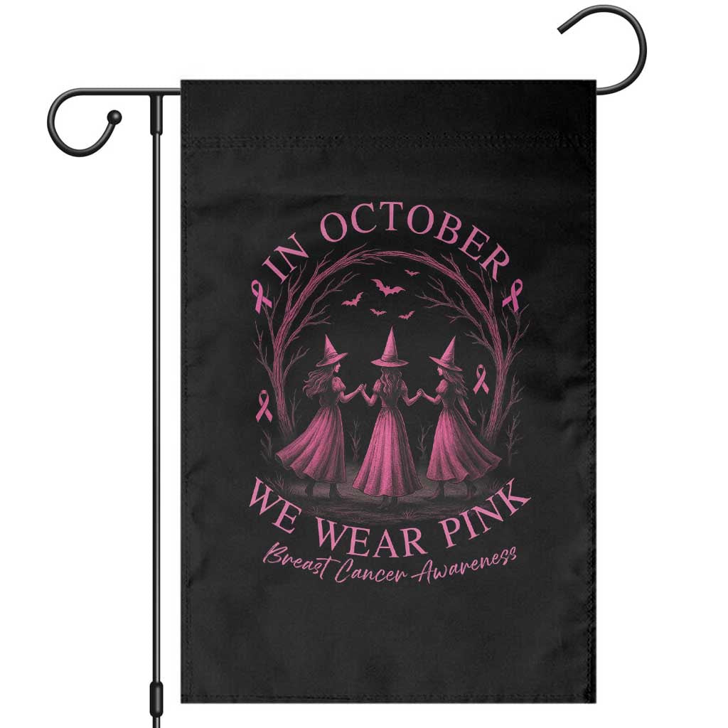 In October We Wear Pink Witches Garden Flag Spooky Breast Cancer Witch Halloween Pink Ribbon - Wonder Print Shop