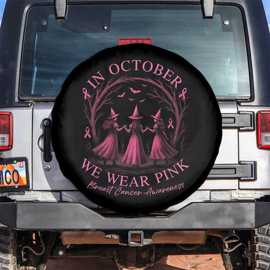 In October We Wear Pink Witches Spare Tire Cover Spooky Breast Cancer Witch Halloween Pink Ribbon - Wonder Print Shop