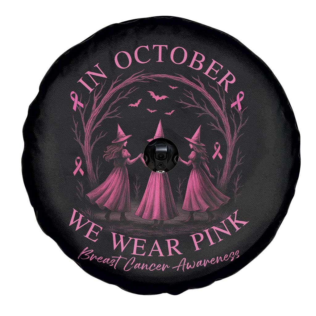 In October We Wear Pink Witches Spare Tire Cover Spooky Breast Cancer Witch Halloween Pink Ribbon - Wonder Print Shop