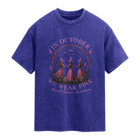 In October We Wear Pink Witches Washed Cotton T-Shirt Spooky Breast Cancer Witch Halloween Pink Ribbon