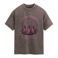 In October We Wear Pink Witches Washed Cotton T-Shirt Spooky Breast Cancer Witch Halloween Pink Ribbon