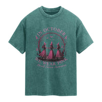 In October We Wear Pink Witches Washed Cotton T-Shirt Spooky Breast Cancer Witch Halloween Pink Ribbon