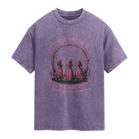In October We Wear Pink Witches Washed Cotton T-Shirt Spooky Breast Cancer Witch Halloween Pink Ribbon
