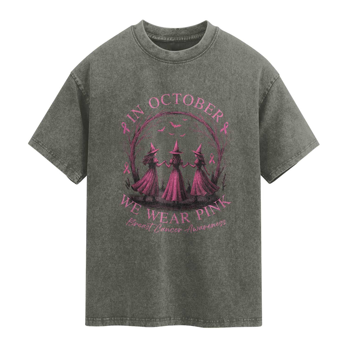 In October We Wear Pink Witches Washed Cotton T-Shirt Spooky Breast Cancer Witch Halloween Pink Ribbon