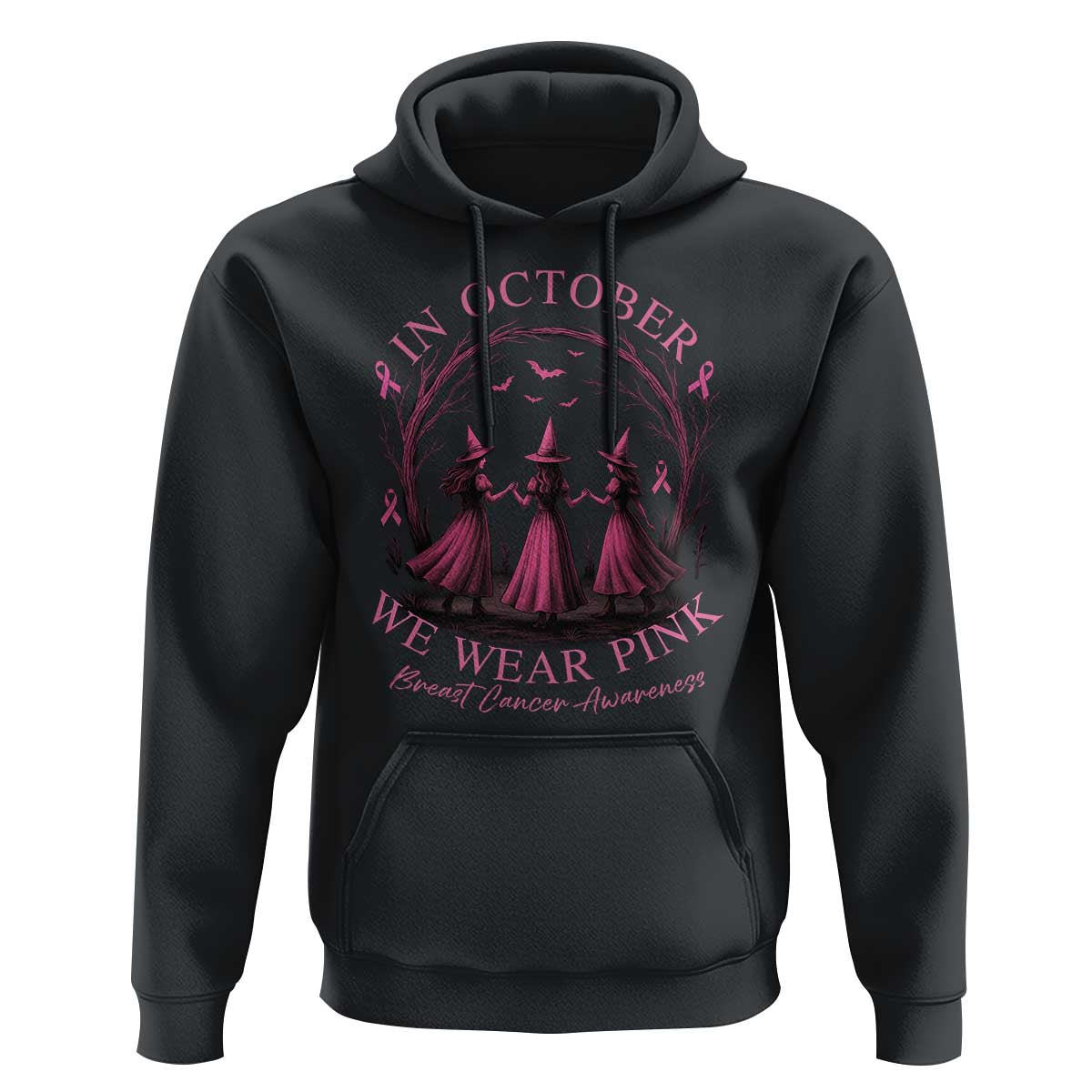 In October We Wear Pink Witches Hoodie Spooky Breast Cancer Witch Halloween Pink Ribbon - Wonder Print Shop