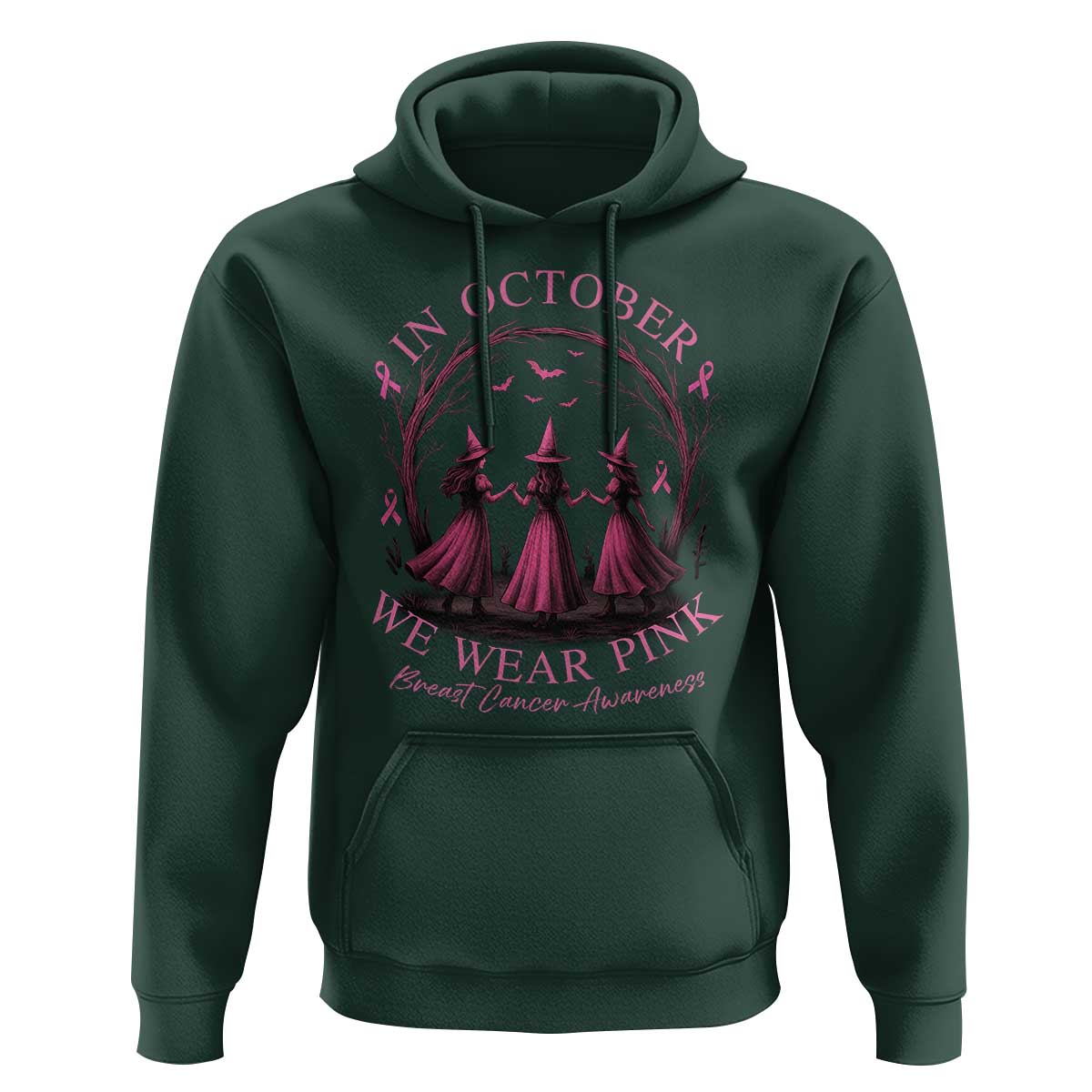 In October We Wear Pink Witches Hoodie Spooky Breast Cancer Witch Halloween Pink Ribbon - Wonder Print Shop