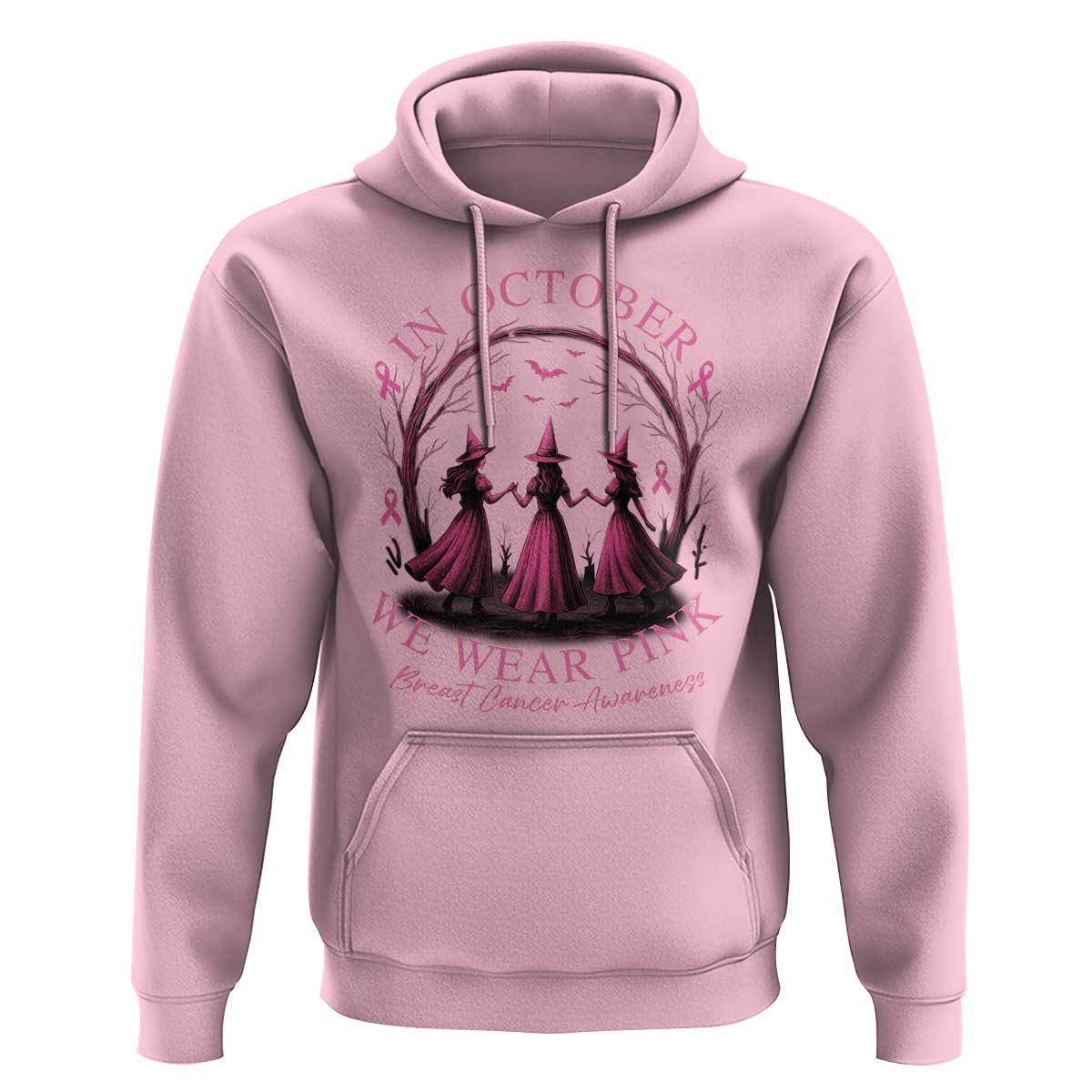 In October We Wear Pink Witches Hoodie Spooky Breast Cancer Witch Halloween Pink Ribbon - Wonder Print Shop