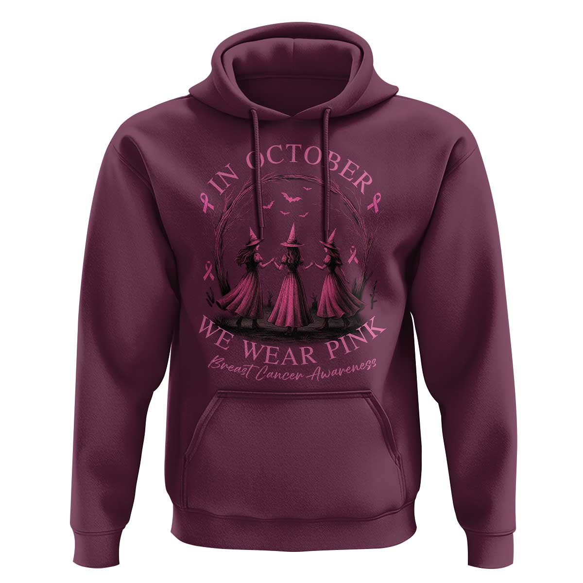 In October We Wear Pink Witches Hoodie Spooky Breast Cancer Witch Halloween Pink Ribbon - Wonder Print Shop