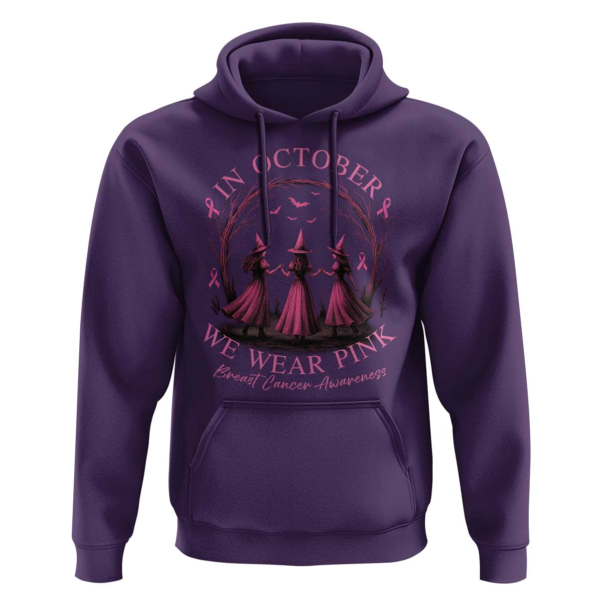 In October We Wear Pink Witches Hoodie Spooky Breast Cancer Witch Halloween Pink Ribbon - Wonder Print Shop