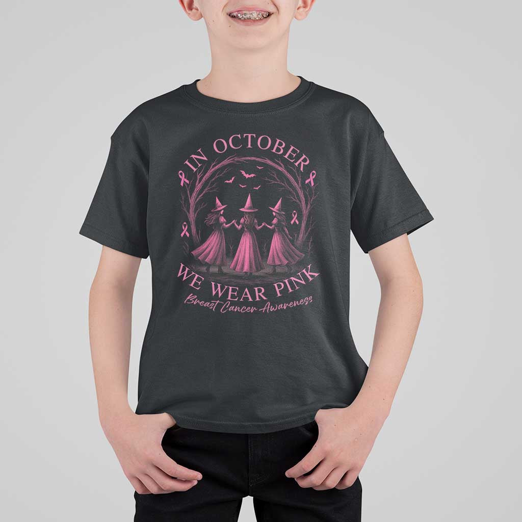 In October We Wear Pink Witches T Shirt For Kid Spooky Breast Cancer Witch Halloween Pink Ribbon - Wonder Print Shop