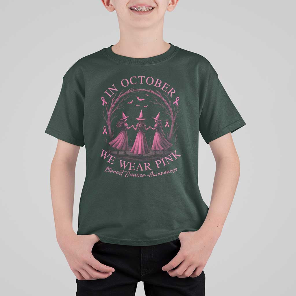 In October We Wear Pink Witches T Shirt For Kid Spooky Breast Cancer Witch Halloween Pink Ribbon - Wonder Print Shop