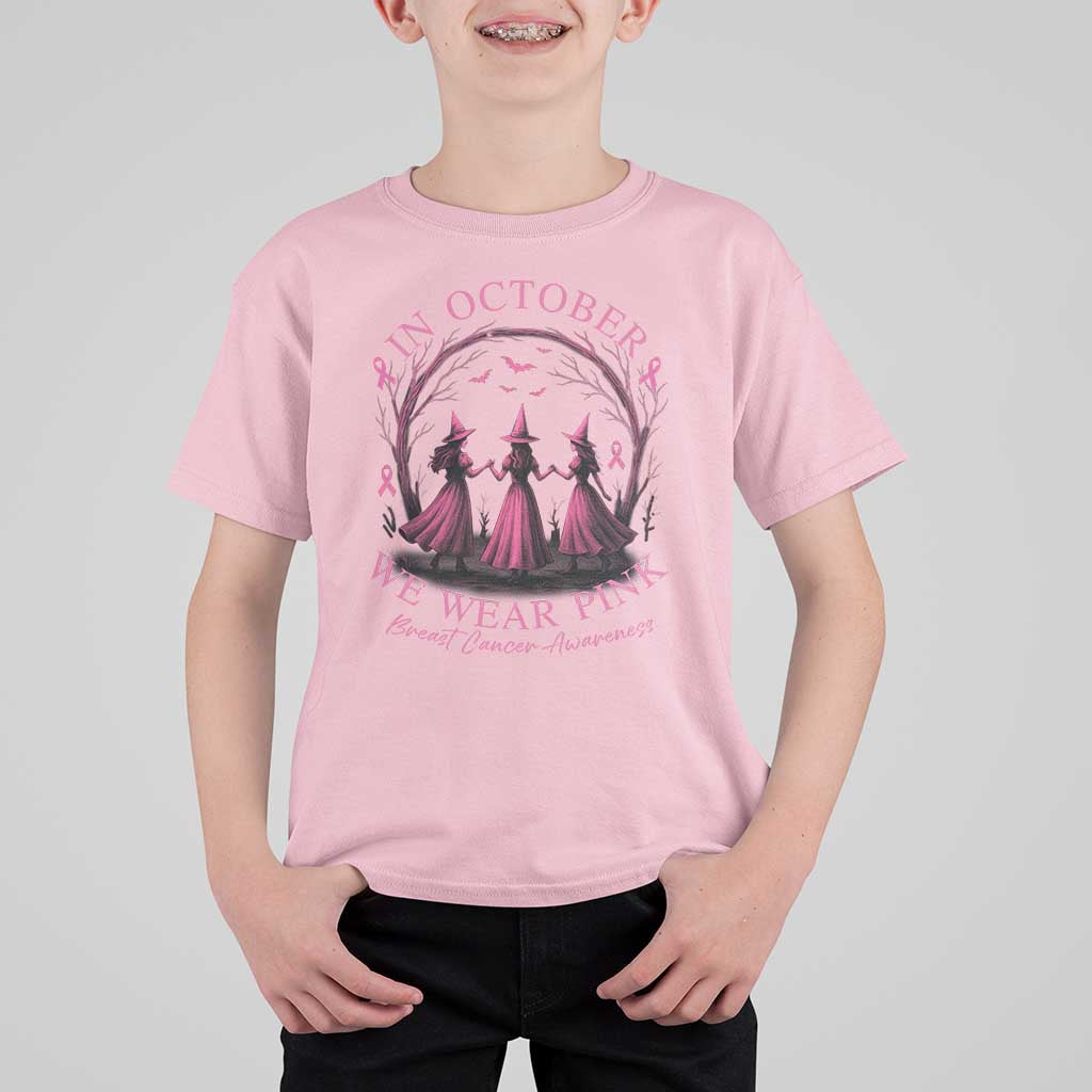 In October We Wear Pink Witches T Shirt For Kid Spooky Breast Cancer Witch Halloween Pink Ribbon - Wonder Print Shop