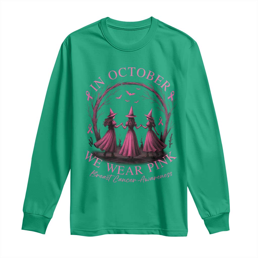 In October We Wear Pink Witches Long Sleeve Shirt Spooky Breast Cancer Witch Halloween Pink Ribbon - Wonder Print Shop